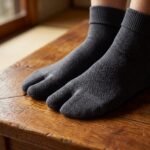 A person wearing charcoal grey ankle-length Tabi socks with a herringbone knit texture and folded cuffs, standing on a sunlit wooden floor.