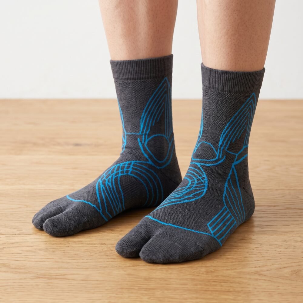A pair of dark grey crew-length Tabi socks featuring a bright blue abstract wireframe pattern, laid flat against a crisp white background.