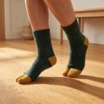 A pair of forest green speckled knit Tabi socks featuring mustard yellow toes and heels, laid flat against a clean white background.