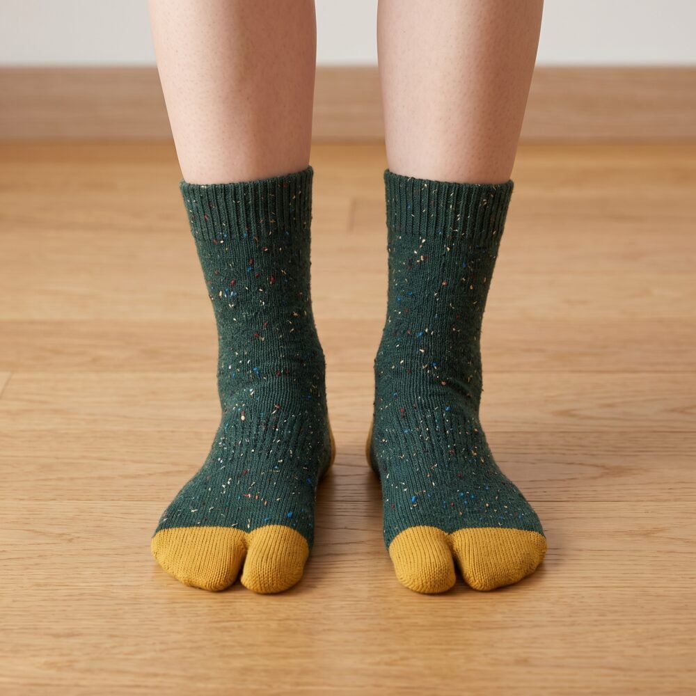 A pair of forest green speckled knit Tabi socks featuring mustard yellow toes and heels, laid flat against a clean white background.