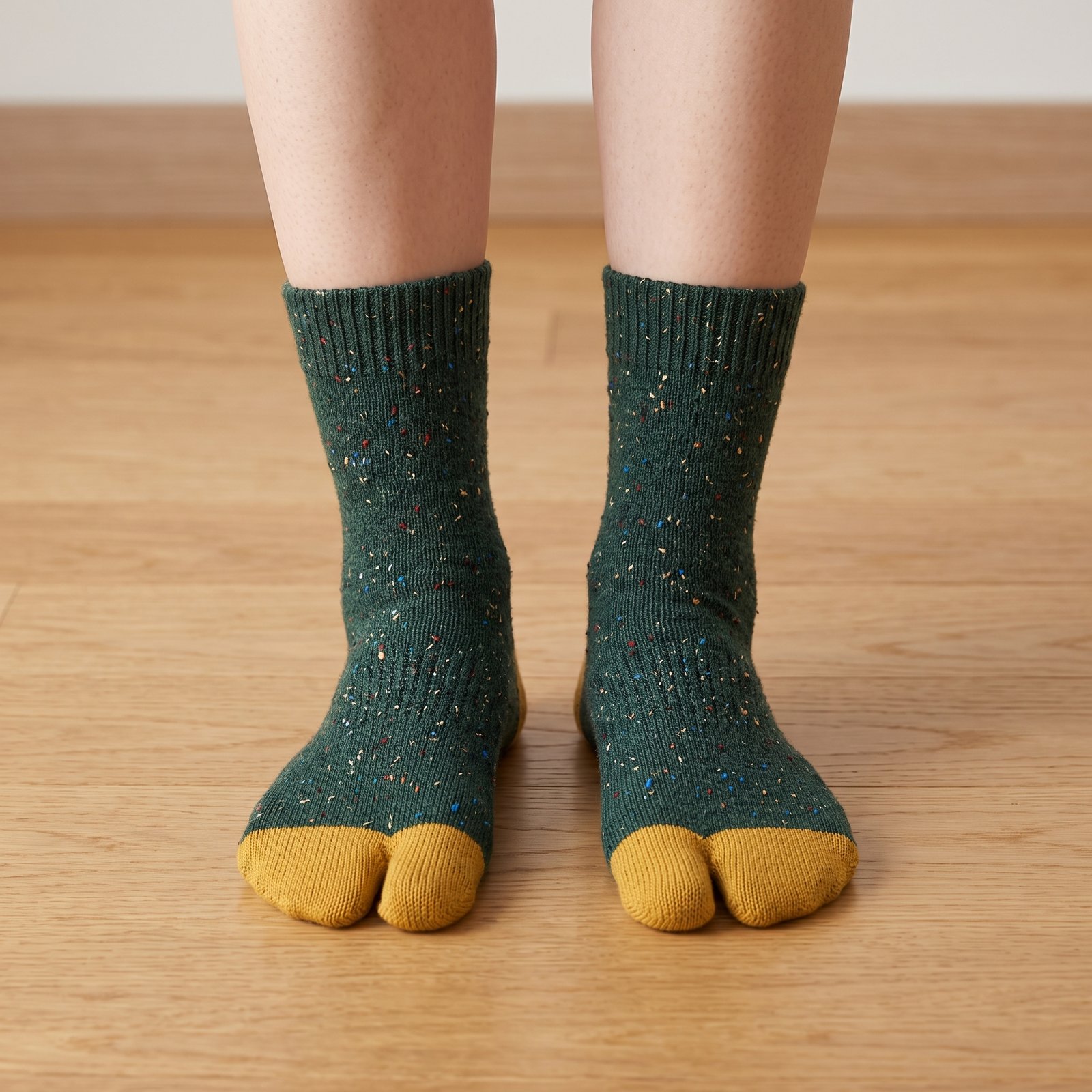 Speckled-Forest-Green-Mustard-Yellow-Tabi-Socks A pair of forest green speckled knit Tabi socks featuring mustard yellow toes and heels, laid flat against a clean white background.