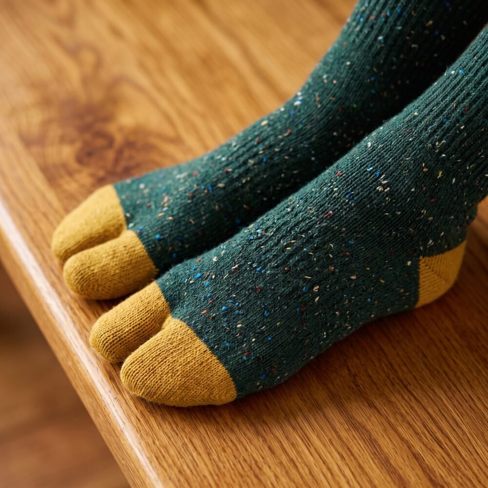 A pair of forest green speckled knit Tabi socks featuring mustard yellow toes and heels, laid flat against a clean white background.