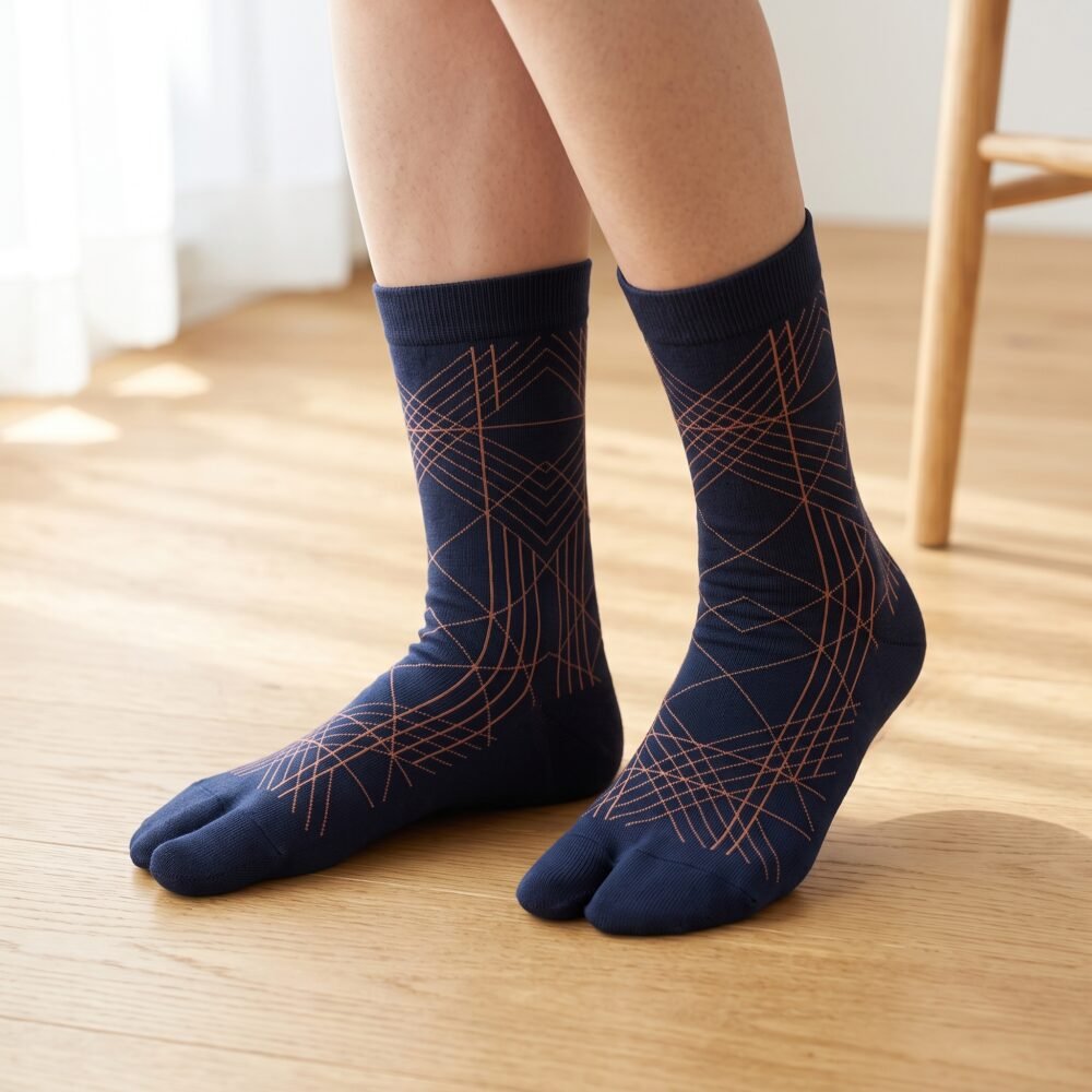 A person wearing navy blue crew-length Tabi socks featuring a copper geometric line pattern, standing on a light wood floor.