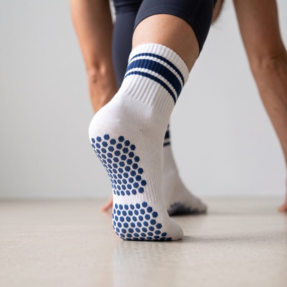 Women’s white and navy crew grip socks with non-slip soles for Pilates and yoga