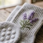 Woman wearing gray women’s crew grip socks with purple floral embroidery and non-slip grip soles during a workout