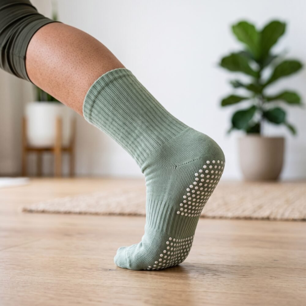 Sage green women’s crew grip socks with white non-slip sole grips