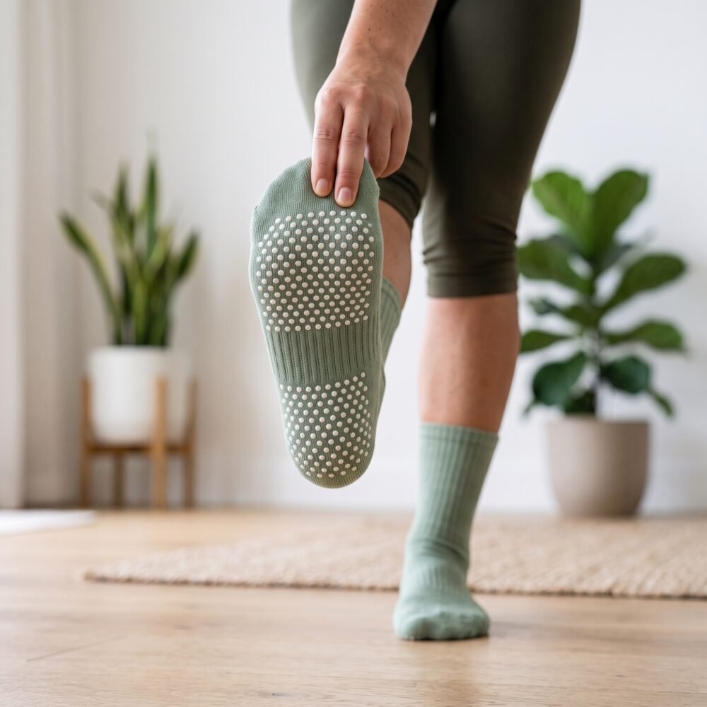 Sage green women’s crew grip socks with white non-slip sole grips
