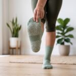 Sage green women’s crew grip socks with white non-slip sole grips