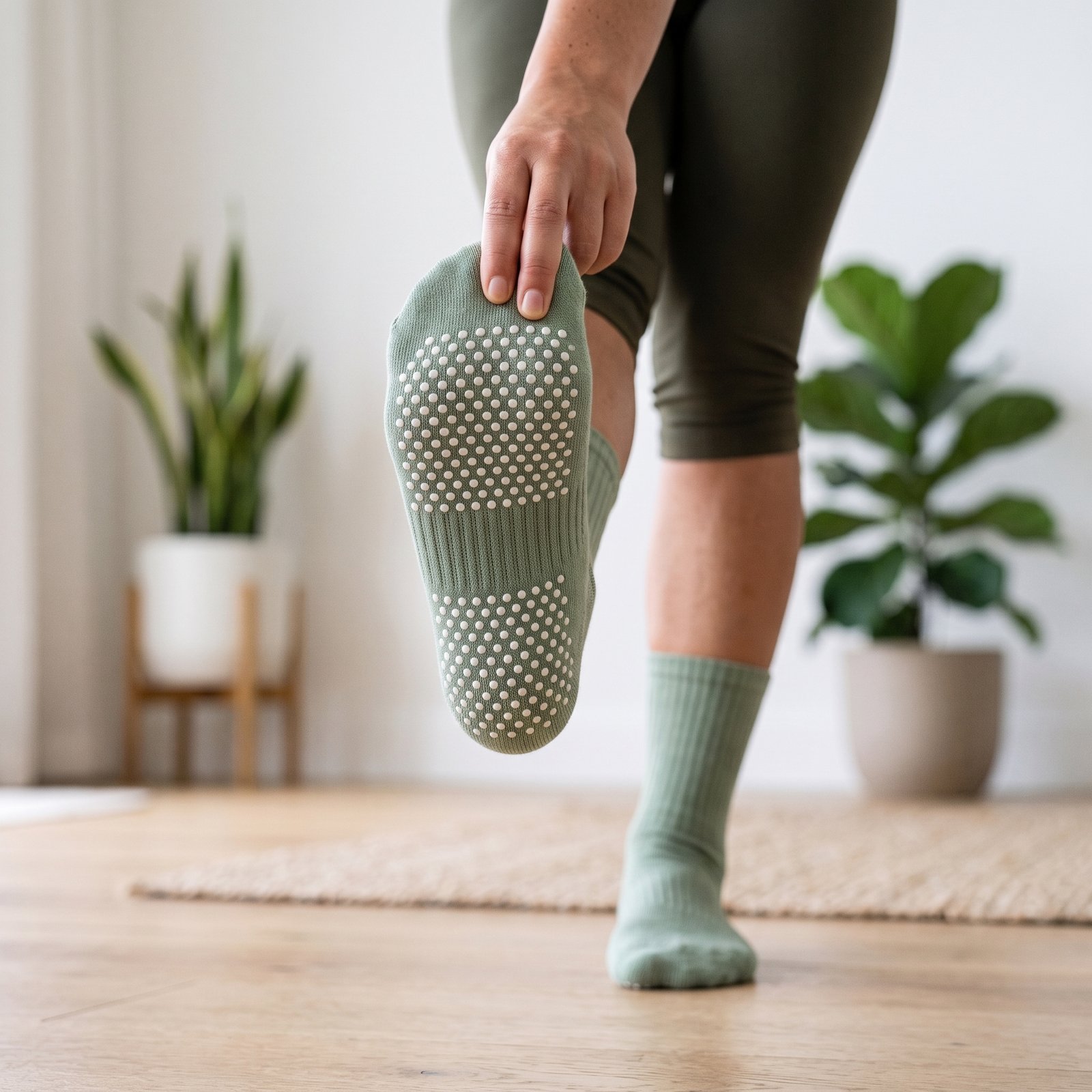 Women’s Crew Grip Socks – Sage Green Non-Slip Socks Sage green women’s crew grip socks with white non-slip sole grips