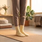 Cream women’s crew grip socks with non-slip grip dots and scalloped cuffs