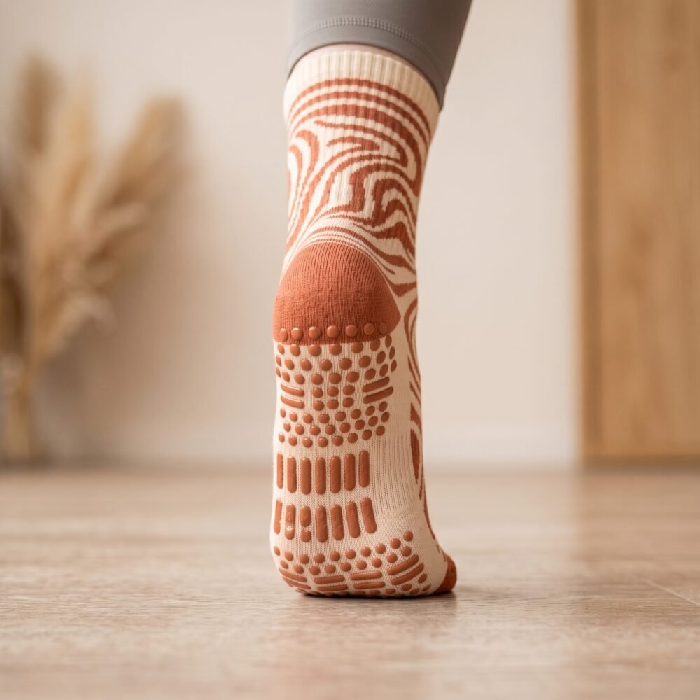Close-up of a woman's foot wearing a tan and brown swirl pattern crew grip sock, highlighting the rust-colored silicone non-slip dots and bars on the heel and sole.