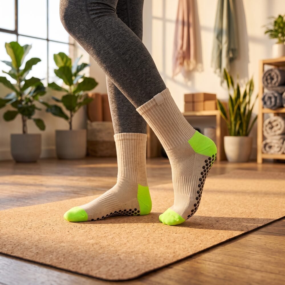 Women wearing beige Women’s Crew Grip Socks with black and lime green non-slip grip soles