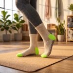 Women wearing beige Women’s Crew Grip Socks with black and lime green non-slip grip soles