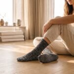 Women’s black and gray crew grip socks with full non-slip sole grip pattern