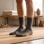 Women’s black and gray crew grip socks with full non-slip sole grip pattern