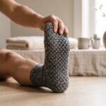 Women’s black and gray crew grip socks with full non-slip sole grip pattern